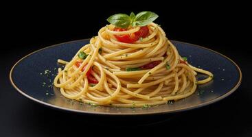 Freshly Cooked Spaghetti with Vibrant Tomato Sauce and Basil Leaves. photo