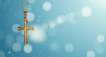 Delicate Cross Necklace with Dreamy Bokeh and Pastel Background photo