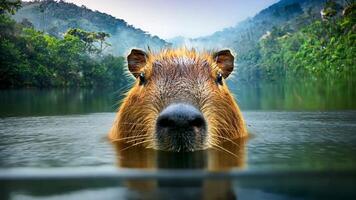 Adorable Capybara immersed in the lake, looking relaxed in the middle of the rainforest. video