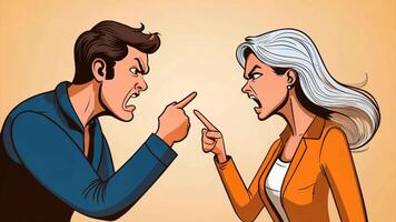 Cartoon characters of a husband and wife pointing and cursing at each other in a violent mood. video