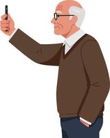 Elderly man with glasses taking a selfie in a casual setting, flat design illustration vector