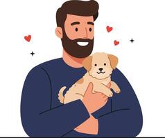 A smiling man with a beard holding a cute puppy, showcasing affection in a flat illustration vector