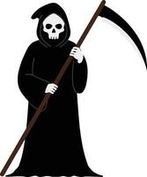 Grim Reaper character in a black cloak holding a scythe, minimal design style, embodying themes of mortality and mystery, illustration vector