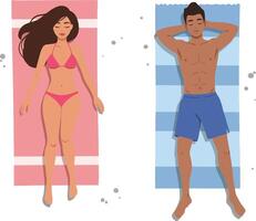Two individuals relaxing on colorful beach towels under the sun in a flat, minimal illustration vector