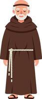 A wise elderly monk in a brown robe with a rope belt standing confidently, showcasing a minimal and clean design style in art vector