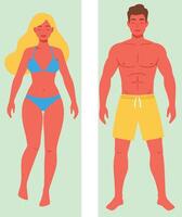 Two stylized characters, a woman in a bikini and a man in shorts, standing on a soft green background in flat art vector