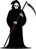 Grim Reaper character in a flowing black cloak holding a scythe, designed in a minimal and flat style, art vector
