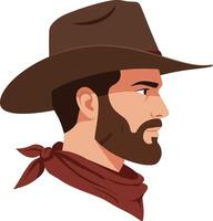 Cowboy with a rugged beard and wide-brimmed hat in a flat, minimal style illustration vector