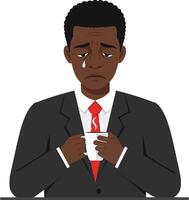 A man in a black suit with a red tie holding a steaming cup, expressing sadness, in a minimal illustration vector