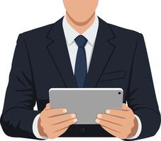 Businessman in a formal suit holding a tablet device in a sleek, modern design style showcasing digital technology art vector