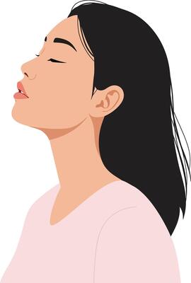 A serene woman with long black hair gazing upwards in a minimal style, expressing calmness and tranquility in illustration