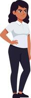 Confident woman standing with hands on hips in a stylish outfit, showcasing a flat design style, vibrant colors, and engaging expression in art vector