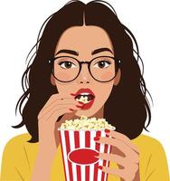 Young woman with glasses enjoying popcorn in a striped bucket, minimal style, cheerful expression, illustration vector