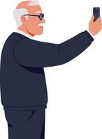 Senior man with glasses taking a selfie in minimal flat design style, showcasing a lighthearted moment in art vector