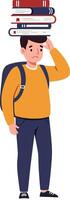 A young student balancing a stack of colorful books on his head in a playful flat illustration, showcasing concentration and humor in a lighthearted scene vector