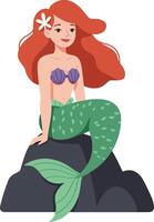A charming mermaid with flowing red hair sitting on a rock in a playful pose, featuring minimal design and vibrant colors in this art vector