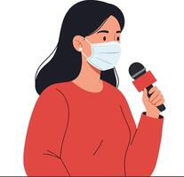 A woman in a red sweater wearing a mask holds a microphone in a flat and minimal illustration capturing a moment of reporting or interview vector