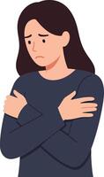 Woman in a blue sweater embracing herself, displaying a sad expression in a minimal and flat design illustration vector