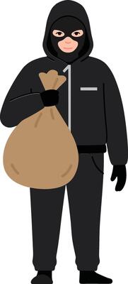 Criminal figure in black attire holding a large bag of stolen goods in a minimal and flat design illustration