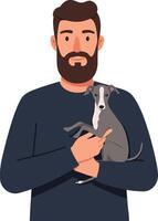 A man with a beard holding a grey dog in a cozy setting, flat design illustration vector