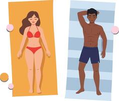 Two young adults sunbathing on beach towels in a colorful summer setting, minimal design illustration vector
