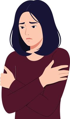 Concerned woman with dark hair wearing a maroon sweater, expressing sadness and discomfort, in a minimal flat design illustration