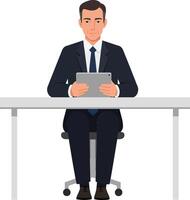 Businessman in a suit sitting at a desk with a tablet, showcasing a flat, minimal design style, illustration vector