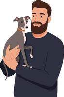 A man holding a small grey dog in a cozy indoor setting, showcasing a flat and minimal design style in art vector