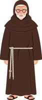 A wise elderly monk wearing a brown robe with a rope belt and sandals in a minimal style illustration vector