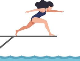 Female swimmer poised to dive from a platform into a serene blue pool, showcasing a flat and minimal illustration vector