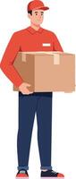Delivery person in a red uniform carrying a large cardboard box in a flat illustration style showcasing professionalism and reliability in a simple design vector