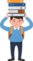 A stressed student with a backpack struggling to balance a stack of books while looking overwhelmed in flat illustration vector