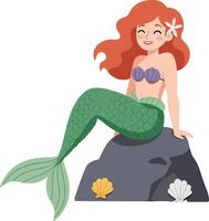 Cheerful mermaid sitting on a rock with seashells in a minimal flat design illustration vector