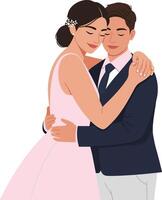 A joyful couple embracing in elegant wedding attire, showcasing love and celebration in a minimal style, perfect for modern art vector