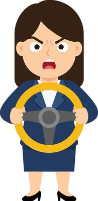 Angry businesswoman gripping a yellow steering wheel in a flat cartoon style illustration, showcasing frustration and determination in a dynamic expression while wearing a dark suit.