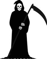 Grim reaper character holding a large scythe in a minimal black and white design, creating an eerie yet striking illustration vector