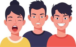 Three diverse characters expressing different emotions in a flat design style illustration vector