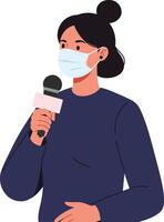 Woman wearing a mask holding a microphone while speaking in a casual setting, flat design illustration vector