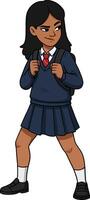 Confident schoolgirl in uniform with backpack in a dynamic pose showcasing flat art style vector