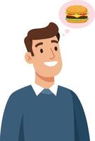 A young man with a cheerful expression dreaming of a delicious hamburger in a minimal, flat design illustration vector