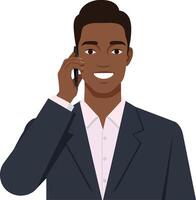 Confident businessman in a dark suit smiling while talking on the phone in a flat illustration vector