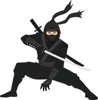 Agile ninja in a dynamic pose wielding a katana, showcasing stealth and precision in flat art vector