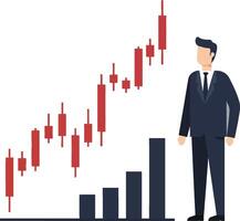 Businessman in a suit standing beside a rising graph chart in a minimal flat design illustration vector