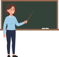 Teacher standing in front of a blackboard holding a pointer, dressed in casual attire, flat art vector