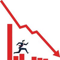 A businessman running away from a declining graph in bold red colors, showcasing urgency and concern in a flat illustration vector