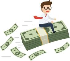 A cheerful businessman riding a giant stack of cash while dollar bills fly around him in a playful, minimal illustration vector