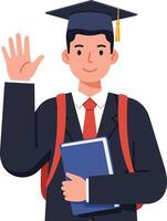 Graduate student wearing a cap and gown, smiling while waving, in a flat and colorful design, illustration vector