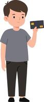 A young boy holding a smartphone in a casual outfit with a neutral expression in a minimal illustration vector