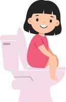 A cheerful girl in a pink dress sitting on a white toilet, minimal design, smiling with joy, depicting a playful moment, illustration vector