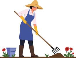 A woman in a blue apron and straw hat working in a garden with a rake, surrounded by colorful flowers in a flat illustration vector